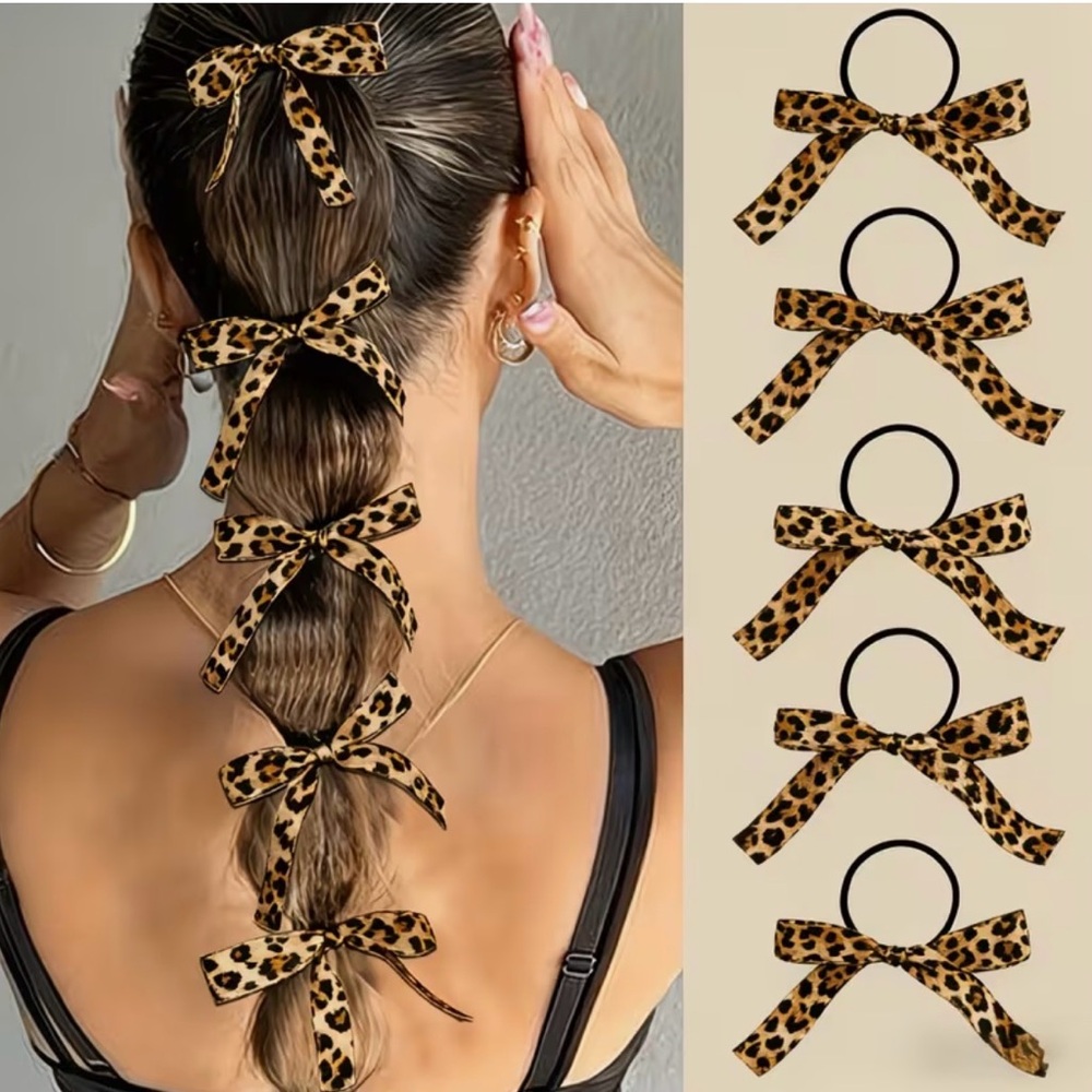 Animal Print Leopard Print‎ Bow Hair Tie Set (9 Pc) Ribbon Ponytail Accessories
